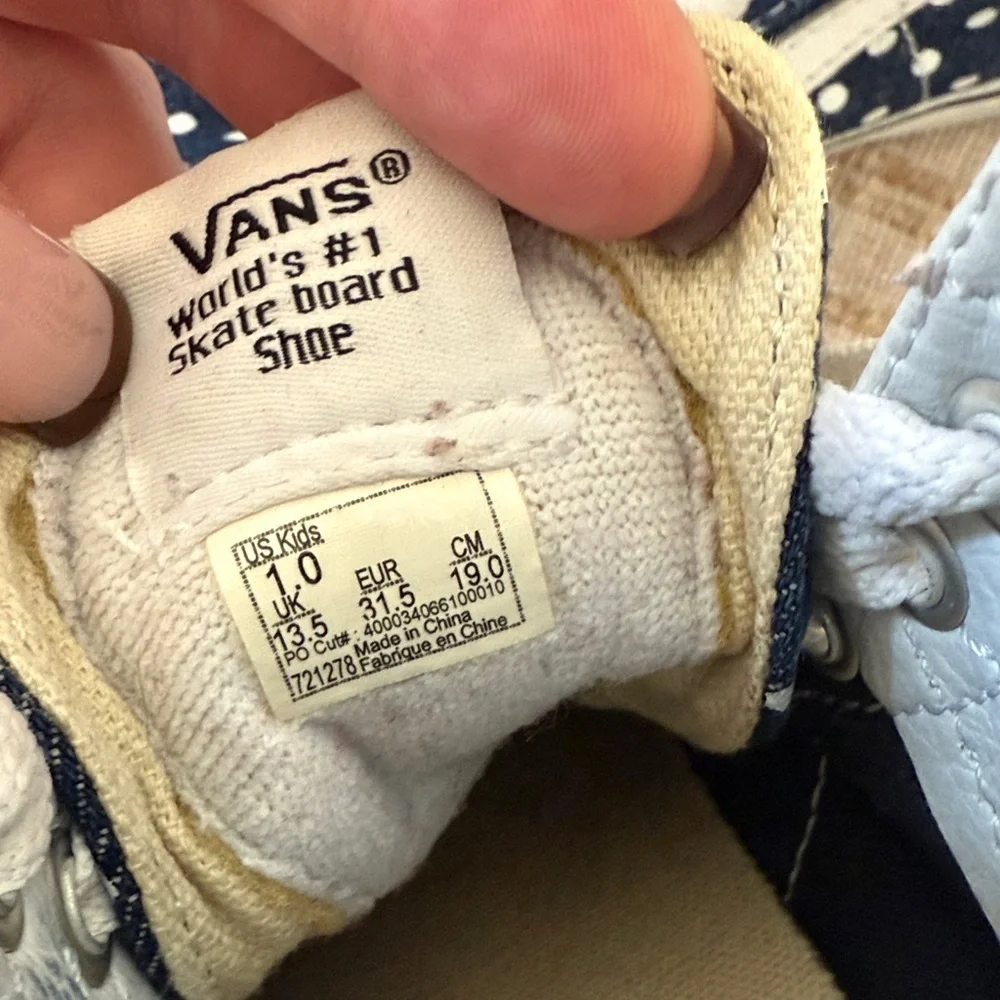 Vans Kids' denim navy and White Polka Dot Sneakers size 1 kids youth high top